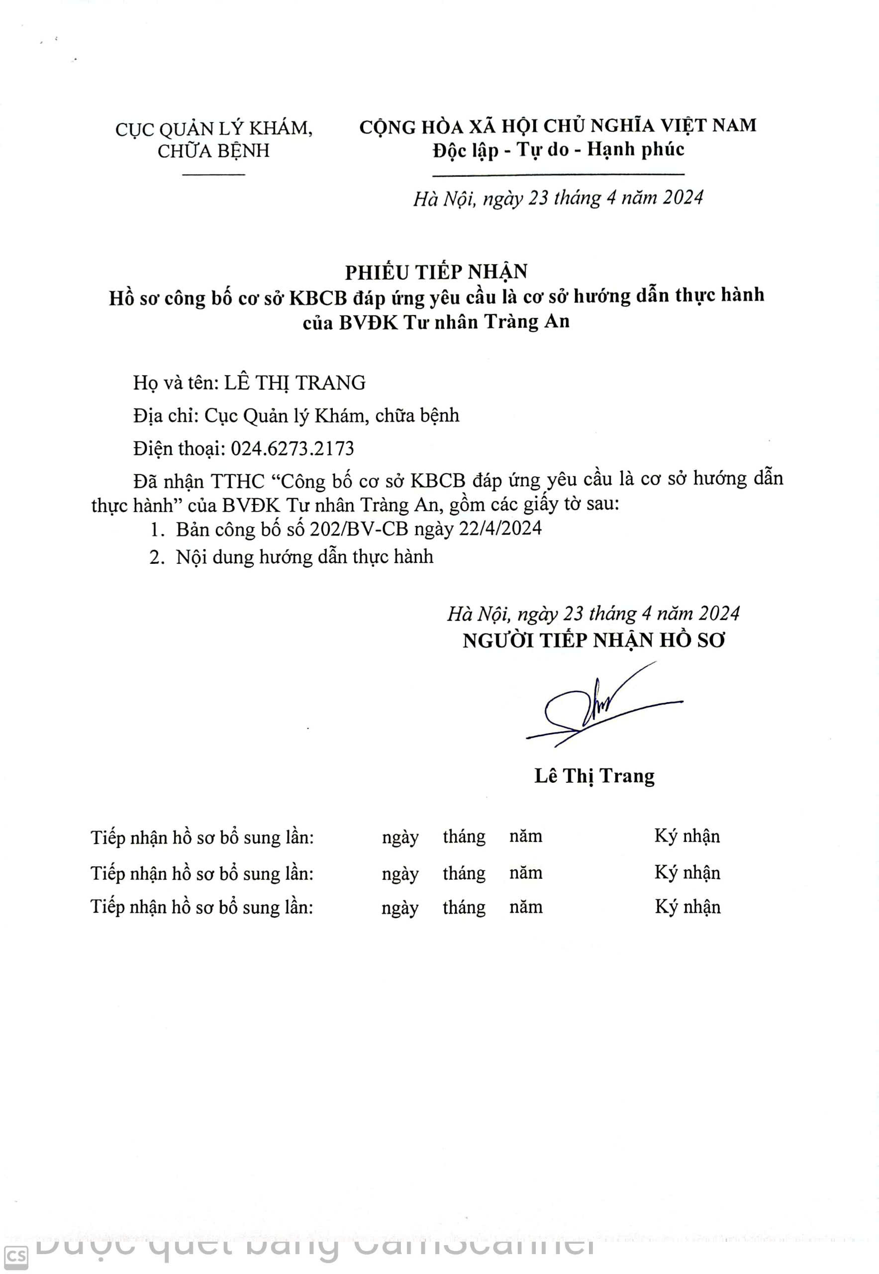 Hồ sơ công bố cơ sở KBCB đáp ứng yêu cầu là cơ sở hướng dẫn thực hành của BV ĐKTN Tràng An